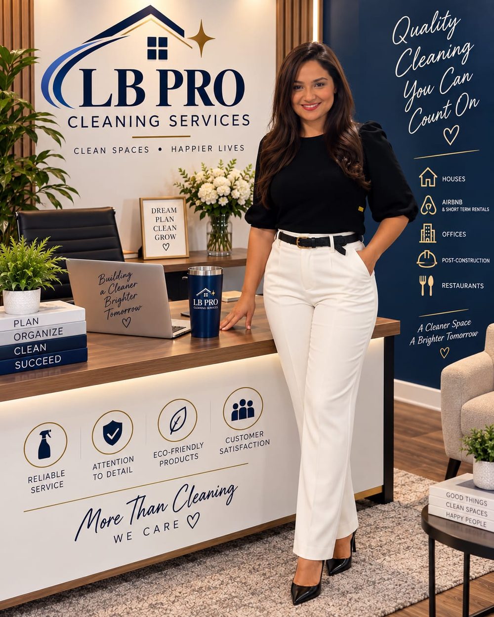 A woman standing at a reception desk in an LB Pro Cleaning Services office, in front of a branded wall listing the types of property the company cleans